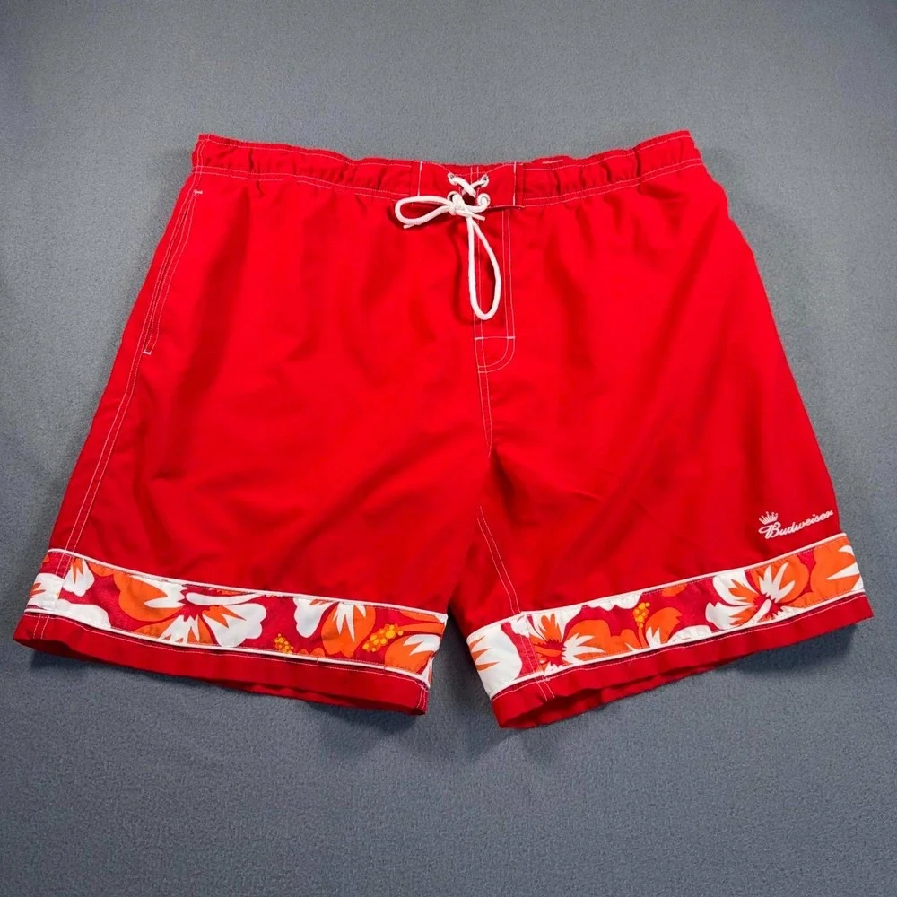 Budweiser Tropical Swim Trunks Mens L Red Beach Rays 40x8‎ Mesh Lined